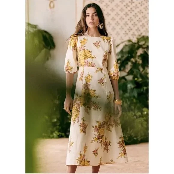 Nwt Sézane Jiana Ella Floral Linen Blend Puff Sleeves Open Back Midi Dress US 10 - Picture 1 of 12